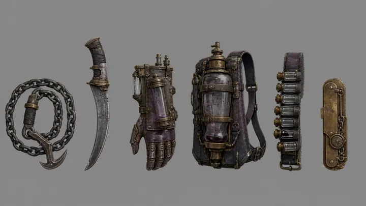Concept sheet of a Duskborn gauntlet, canisters, blade and equipment