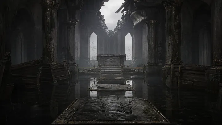 Interior concept painting of a ruined stone chapel