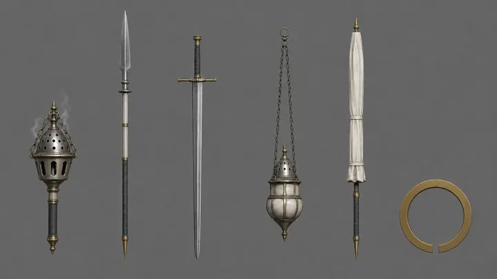Concept sheet of pale Choir weapons, a censer and a ring