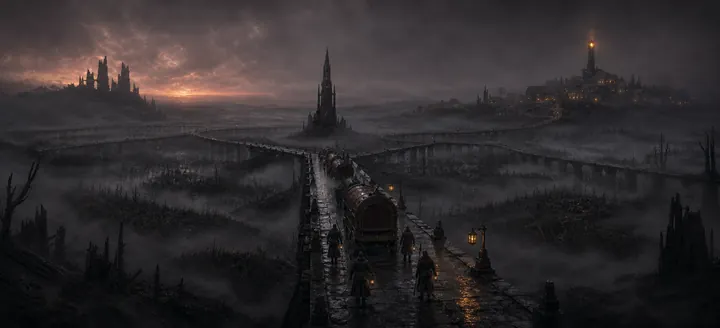 Panoramic concept painting of a guarded wagon convoy in a fogbound landscape