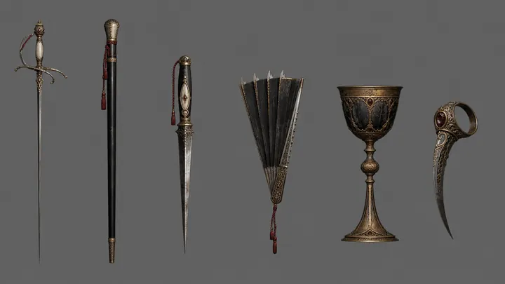 Concept sheet of six Court weapons and ceremonial objects