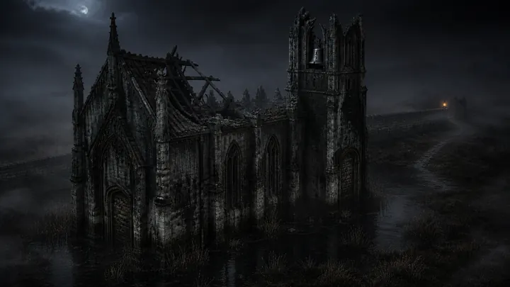Night concept painting of a ruined chapel in the mist