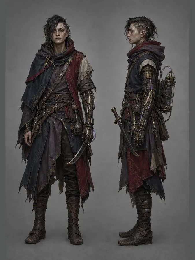 Front and side concept views of a Duskborn in layered patchwork clothing with a brass-and-glass gauntlet