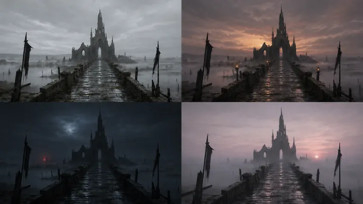 Four concept panels showing a causeway under different phases of light