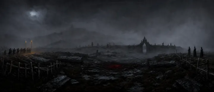 Wide night concept painting of grave markers and ruined stone in fog