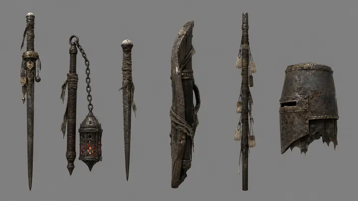 Concept sheet of corroded blades, a helmet and hanging relics