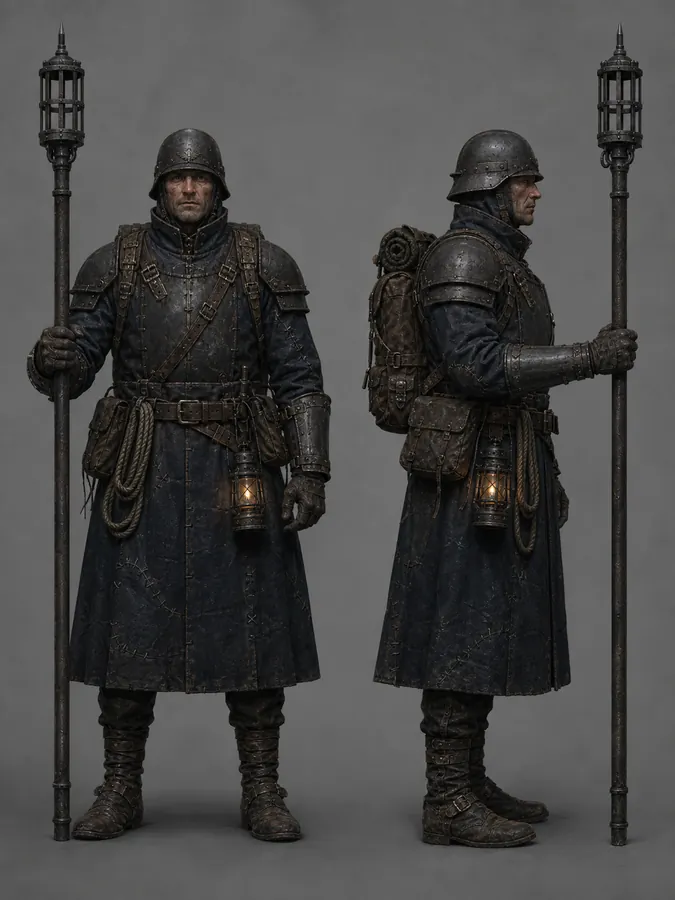 Front and side concept views of an armored Human soldier carrying a pike