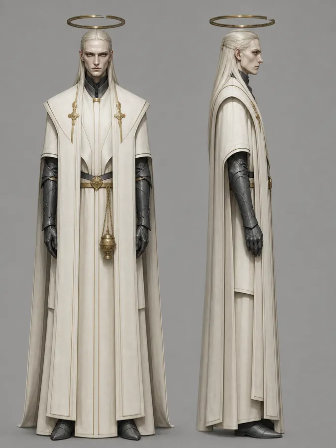 Front and side concept views of a tall Nephilim wearing pale robes and a halo