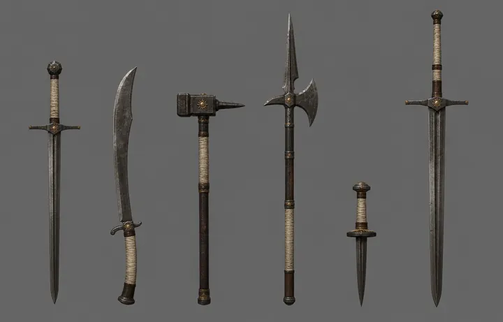 Concept sheet of swords, a hammer and a pike