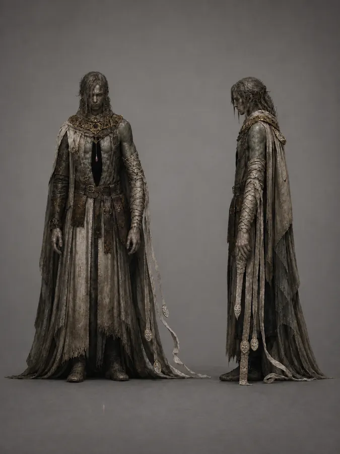 Front and side concept views of a shrouded Revenant in worn armor