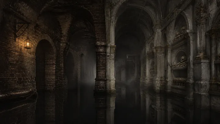 Concept painting of underground brick passages meeting old crypt stonework