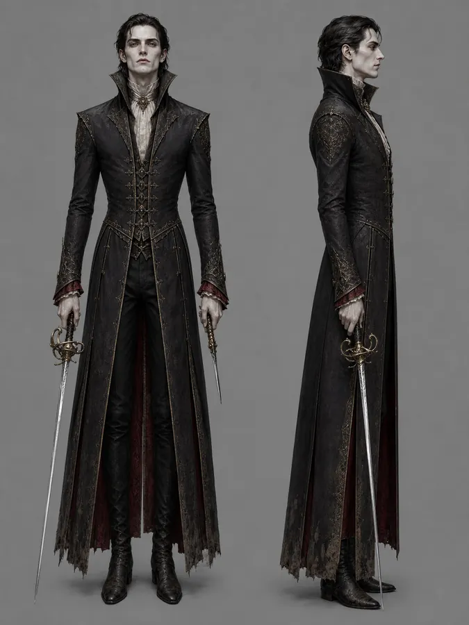 Front and side concept views of a pale duelist in a long dark coat