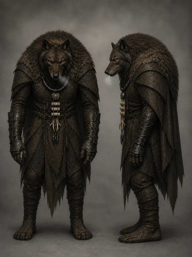 Front and side concept views of a hunched wolf-like Vargyr warden