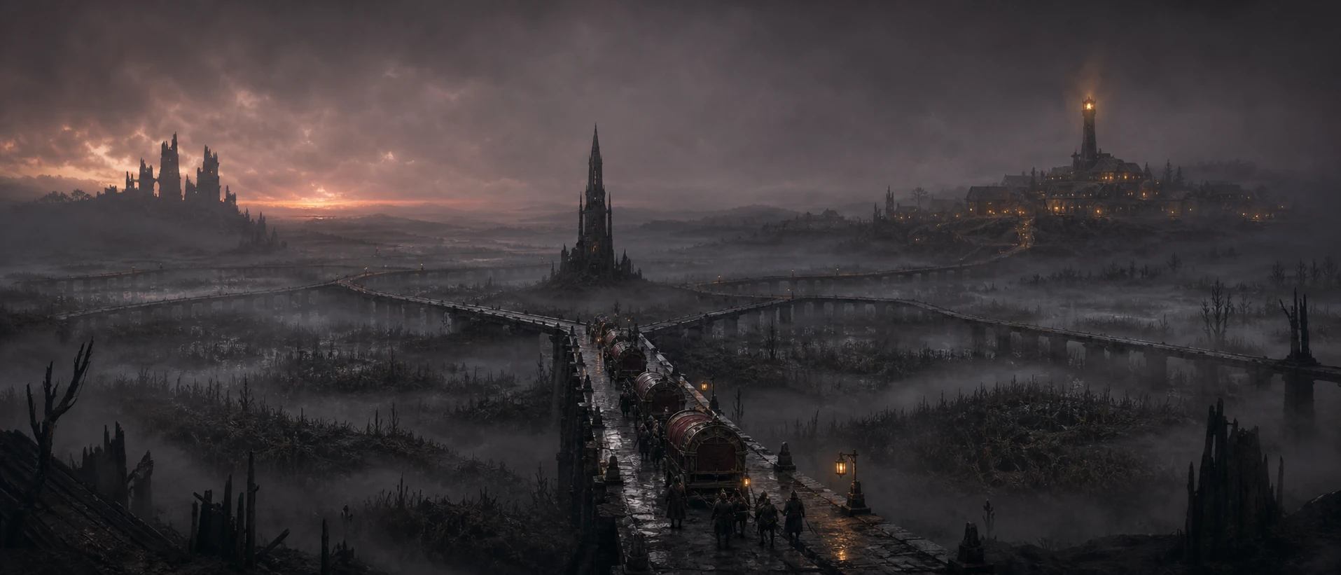 A concept panorama of the Veilmarch, with a raised causeway crossing a fogbound fen