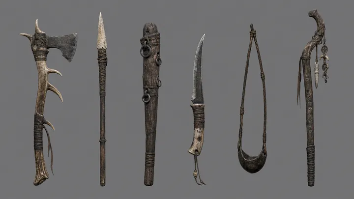 Concept sheet of a Vargyr axe, spear, knife and field tools