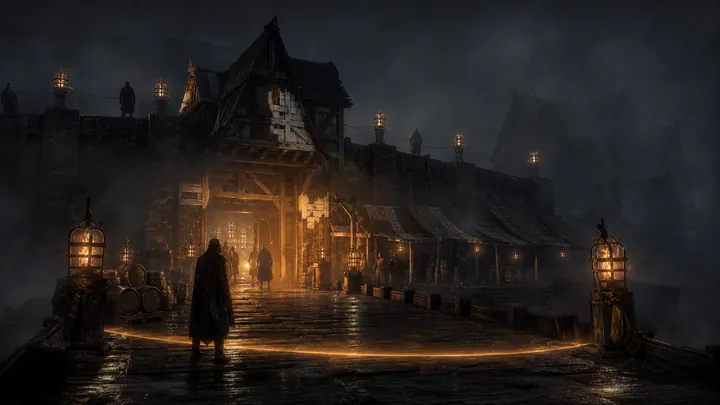 Concept painting of a fortified timber and stone gate at night