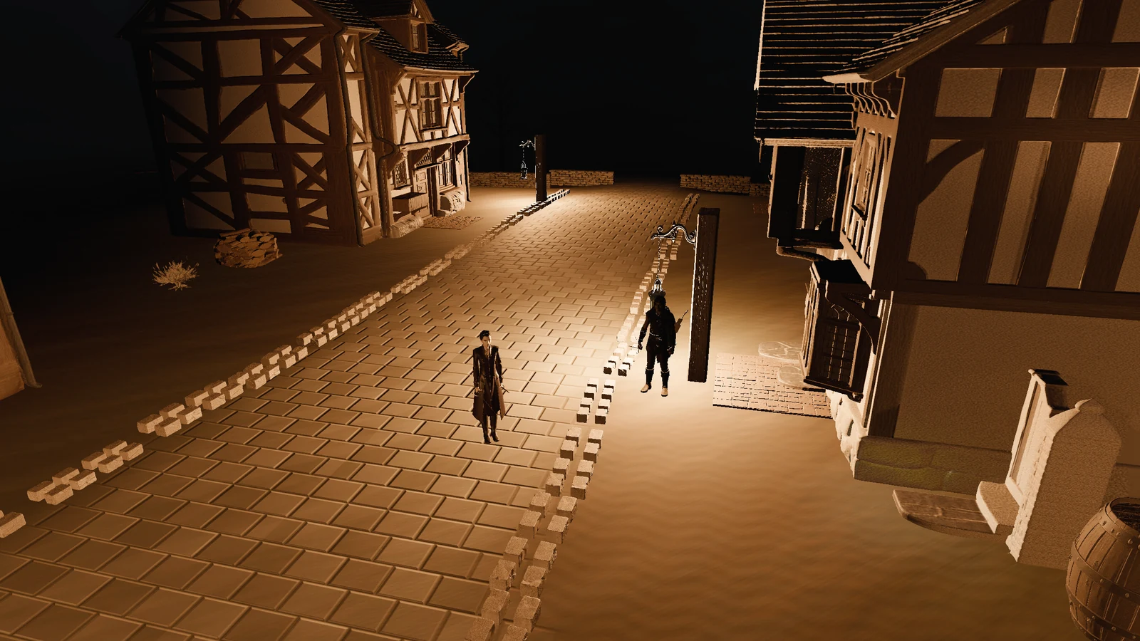 Two early character models standing in a lantern-lit street
