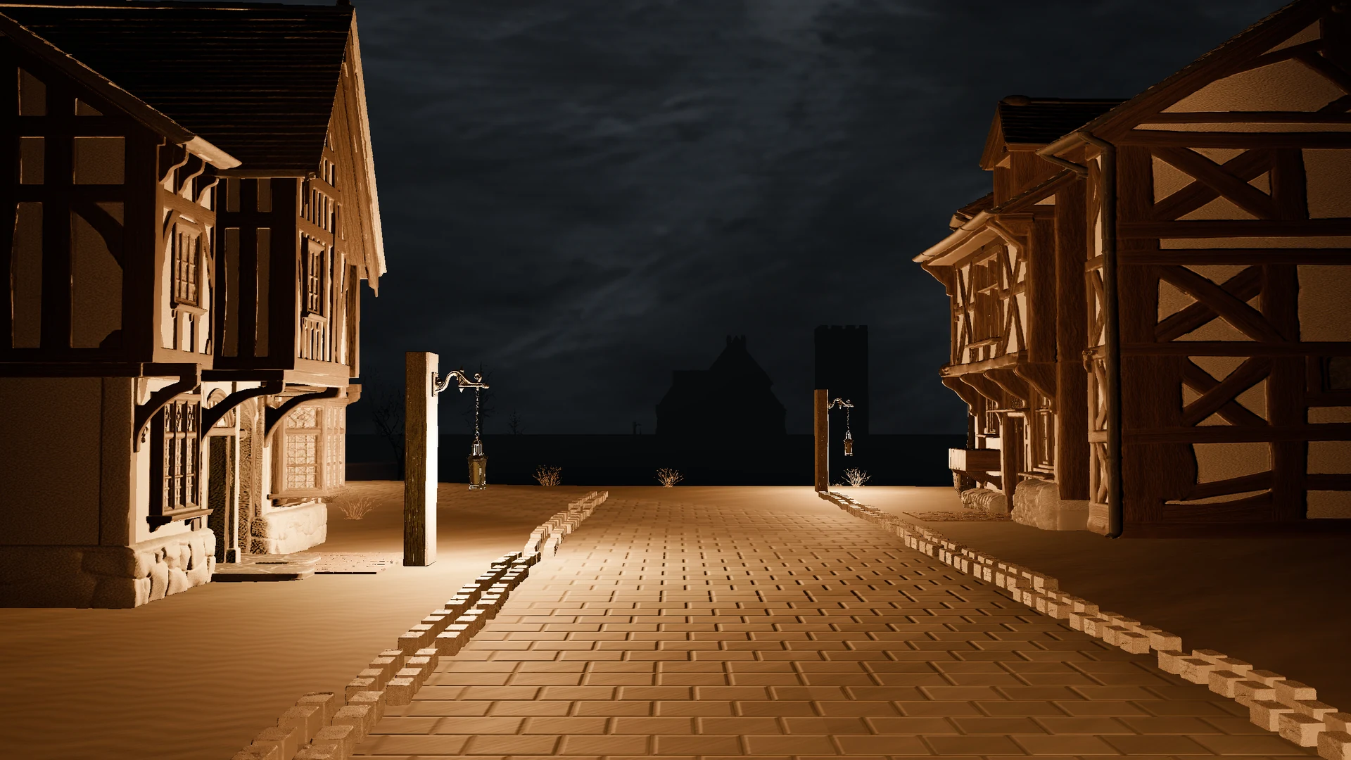 Timber and stone houses lining an empty street beneath a dark sky in the Veilmarch